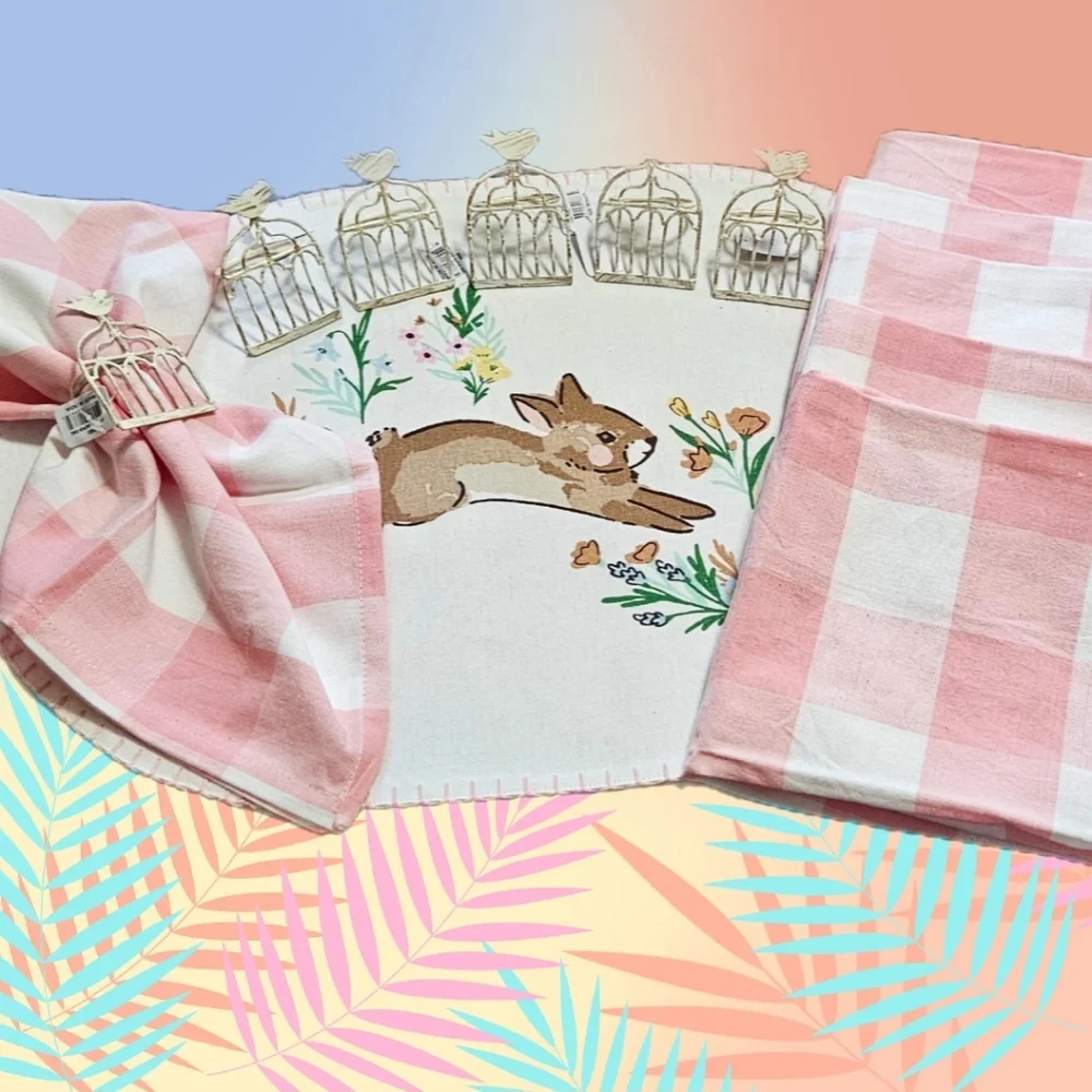 DII 6 Pink Gingham Buffalo Napkins 6 Metal Napkin Rings NWOT